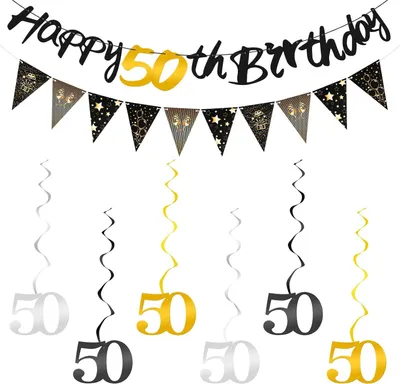 Produktbild von Geburtstagsbanner 50. Geburtstag, Dreieck-Girlande, 6 Spiraldekorationen, Schwarz Gold, Partydeko