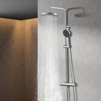 Produktbild von Homelody Duschsystem mit Thermostat,Regendusche Regenkopf Runde Duschsäule Duscharmatur 38℃,3 Strahlarten Handbrause, höhenverstellbar Duschstange