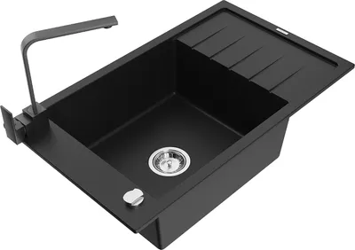 Produktbild von Mexen Elias 1 Becken-Granitspüle mit Abtropffläche und Mischbatterie Rita, Schwarz - 6511-77-670300-70