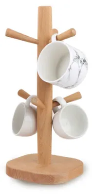 Produktbild von INF Gummibaumholz 6 Haken Tassenbaum aus Naturholz 32cm x 12.5cm für Küche