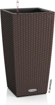 A tall, square, brown planter with a woven texture, featuring a water level indicator at the top.