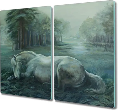 Produktbild von Coloray Herdabdeckplatte 2x30x52 cm Schneidebrett Kochplattenabdeckung Küchenbrett Hackbrett - Wald Pferd Natur