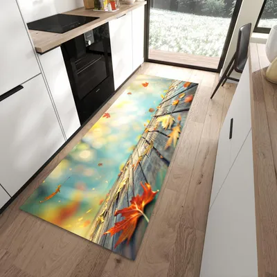 Produktbild von Küchenläufer 90 x 240 cm Bunt rutschfest & waschbar – Küchenteppich Herbstlaub auf Holz PVC Teppichläufer Küche