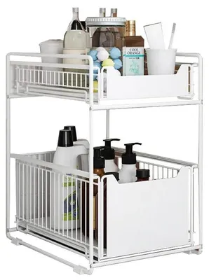Produktbild von Unterschrank Aufbewahrung - 2-stöckiger Ausziehkorb - Metall Aufbewahrungskorb - Schrank- und Arbeitsplatten-Organizer - Für Küche und Bad - Weiß