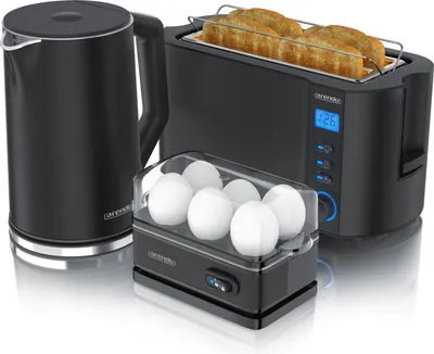 Produktbild von Arendo Frühstücks-Set Wasserkocher 1,5l, 4-Scheiben Toaster, 6er Eierkocher, Schwarz