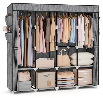 Produktbild von Stoffkleiderschrank 170cm breit mit 4 Lagerregalen und 4 Kleiderstangen, freistehend, mit Abdeckung, Druck Streifen