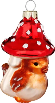 Produktbild von Christbaumschmuck Glas 7,5cm Vogel mit Pilz Figur Hellbraun / Rot