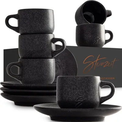 Produktbild von Steinzeit Design Espressotassen (6x80ml) - Espressotassen Set mit passenden Untertassen - Espressokaffeetassen aus 100% Handfertigung - Schwarz