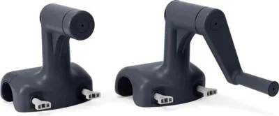 Two dark gray pool solar cover reels are shown against a white background. One reel has its crank arm extended, while the other does not.