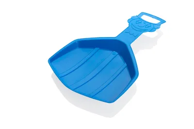A blue plastic shovel with a cartoon face on the handle, isolated on a white background.