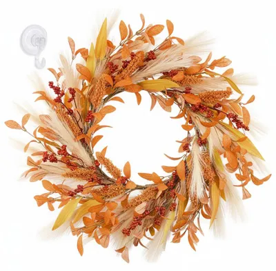 Herbstkranz, künstlich, 55 cm, mit Olivenblättern, Beeren und Pampasgras