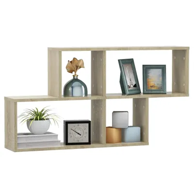 A wall shelf unit with various decorative items placed on it.