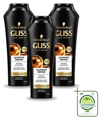 Productafbeelding van 3 x Gliss Kur Ultimate Repair Shampoo voor beschadigd haar, 250 ml - Voordeelverpakking - 3 stuks