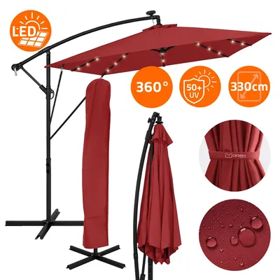 Produktbild von ML-Design Ampelschirm Ø330cm mit LED Solar Rot Alu Sonnenschirm mit Kurbel Abdeckung & Ständer Sonnenschutz & wasserabweisend drehbar & neigbar