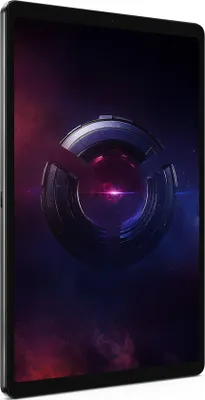A tablet with a futuristic, abstract wallpaper displayed on its screen.