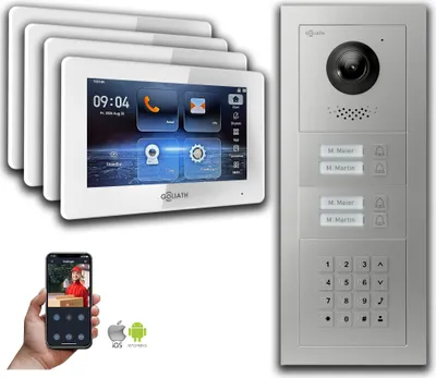 Produktbild von Goliath IP Video Türsprechanlage: 7-Zoll 4 Familienhaus, Zahlencode, Silber : 7 Zoll Weiß : Aufputz Dose Monitor Farbe: 7 Zoll Weiß Montage: Aufputz Dose