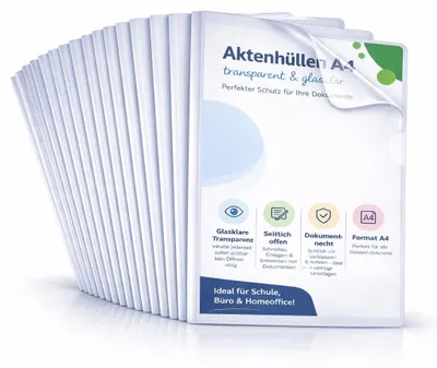 Produktbild von 50x Aktenhüllen A4 - transparent - seitlich offen & glasklar - Klarsichthüllen für Dokumente - Klarsichtfolien dokumentenecht (50x) – 100x