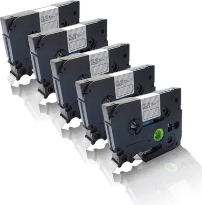 A group of label tapes are arranged in a diagonal line against a white background.