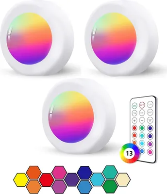 Produktbild von KUGI Unterschrankleuchte Batteriebetrieben LED RGB Spots mit Fernbedienung 3 Stück, 13 Farbwechsel Kabellos Vitrinenbeleuchtung, Dimmbar Unterbauleuch
