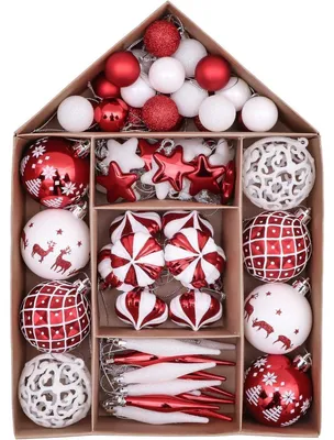 Immagine prodotto di Set di 70 palline natalizie in plastica, rosse e bianche, per decorare l'albero di Natale, con ciondoli inclusi