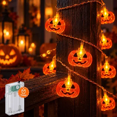 Halloween-Lichtsnoer, 3 m, 20 LED, mit Timer, Batteriebetrieb, Orange