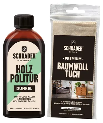 Produktbild von SCHRADER Holz Politur Dunkel + Baumwolltuch - Set zum Auffrischen und Restaurieren von lackierten Holzmöbeln - 250ml