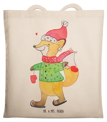 Produktbild von Mr. & Mrs. Panda Shopping Tasche Fuchs  Schlittschuhe - Transparent - Geschenk, Laptoptasche, Baumwollbeutel, Heiligabend, tragetasche baumwolle, Weihnachtsbaum, Winter