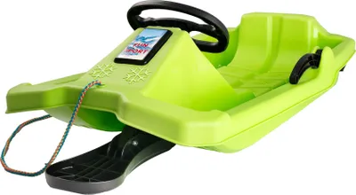 A bright green plastic sled with a black steering wheel and a tow rope.