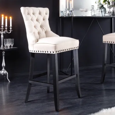 Produktbild von riess-ambiente Design Barhocker CASTLE beige schwarz Strukturstoff mit Lehne Holz Chesterfield Barstuhl Tresenstuhl Tresenhocker Hocker