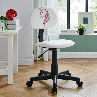 Produktbild von Drehstuhl UNICORN für Kinder Kunstleder in weiß, Kinderschreibtischstuhl höhenverstellbar ergonomisch mit Einhorn Motiv, Schreibtischstuhl auf Rollen