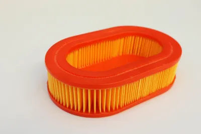 An oval-shaped air filter with an orange frame and yellow pleated filter material, set against a plain white background.