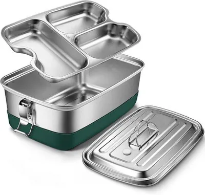 Obrázek produktu pro Nádoba z nerezové oceli pro kempování, 2000 ml, s těsným uzávěrem – box na 3 nádoby, 22 × 15,5 × 9 cm, bez BPA.