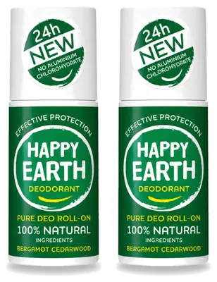 Produktbild von 2 x Happy Earth Deodorant Roll-On Bergamotte Cederhout 75 ml - Vorteilspackung - 2 Stücke
