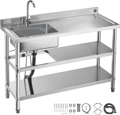 Zdjęcie produktu dla Zlewozmywak gastronomiczny ze stali nierdzewnej – pojedyncza komora z blatem roboczym – wymiary 120 x 50 x 94 cm – z baterią – dwie półki – wolnostojący – komora po prawej stronie