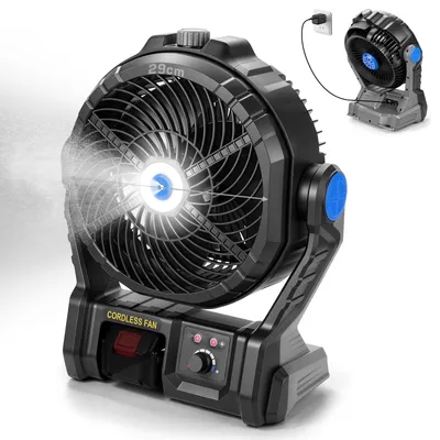 Produktbild von 2‑in‑1 Bodenventilator mit LED Sprühnebel Haken, 4-stufige Tragbarer Camping Ventilator Akku Lüfter Zeltventilator für Picknick Grillen Angeln Reisen