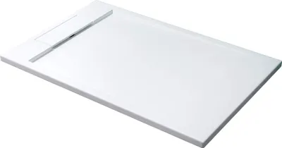 A white shower tray with a drain on a white background.