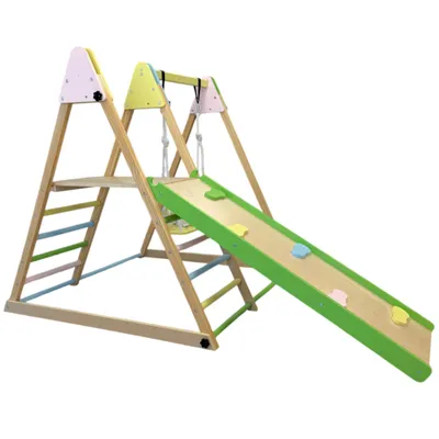 A wooden Montessori playset with a slide, swing, and climbing ramp, set against a white background.