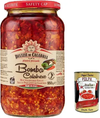 Produktbild von Delizia di Calabria, Bomba Calabrese, Italienischer Hot Saucenaufstrich, würziges italienisches Gewürz mit authentischem kalabrischen Chili, Feurige Hot Dip-Salsa 980g + Italian Gourmet polpa 400g