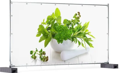 Produktbild von Wallario XXL Outdoor-Poster für Garten oder Balkon, Motiv Welt der Kräuter - verschiedene Kräuter in einem weißen Mörser, in ca. 340 x 173 cm