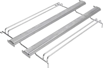 A stainless steel oven rack with two levels.