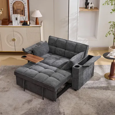 Productafbeelding van Slaapbank, 3-in-1, uitschuifbaar, 140,5x74x82, verstelbare rugleuning, USB-poort, 2-zits, loungestoel, dagbed, opklapbaar, verborgen tafel, bekerhouders
