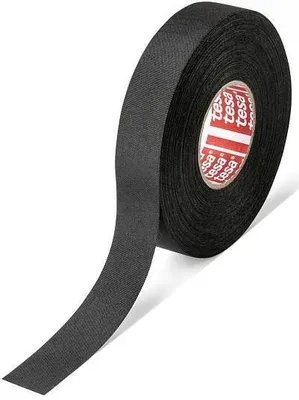 A roll of black fabric tape is shown against a white background.
