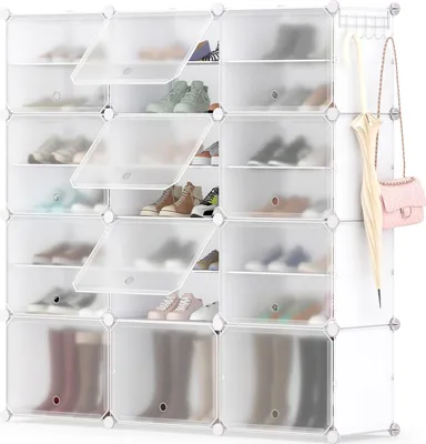 Zdjęcie produktu dla Przenośny stojak na buty na 48 par butów, stojak na kostki z 12 wyjmowanymi półkami, 5 haczykami i drzwiczkami, szafka na buty DIY z 24 poziomami, biała