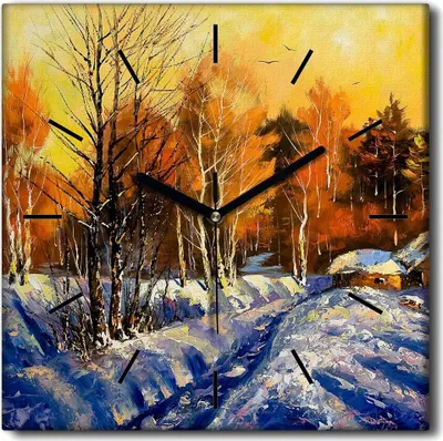 Produktbild von Coloray Uhr auf Leinwand 30x30 cm Wand Uhr Dekoration Wohnzimmer Segeltuch schwarze Hände -Winterlandschaftsdorf.