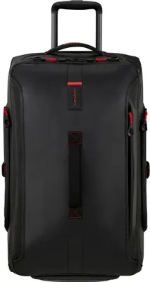 A black Samsonite rolling suitcase with red accents is shown against a white background.