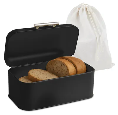 Brotkasten mit Brotbeutel, Metall, 15,5x30x21 cm, schwarz