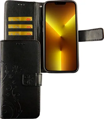 Produktbild von Apple iPhone 13 Tasche Handy Hülle Schutz-Cover Flip-Case mit Kartenfach, Farbe:Blumen Schwarz