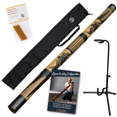 Image de Didgeridoo en bambou - sculpté, avec sac, cire d'abeille, cours en ligne & support