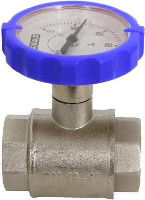 Produktbild von Muffen-Kugelhahn PN 16, G 1 Zoll mit rundem Thermometergriff (blau, Ø 63 mm)