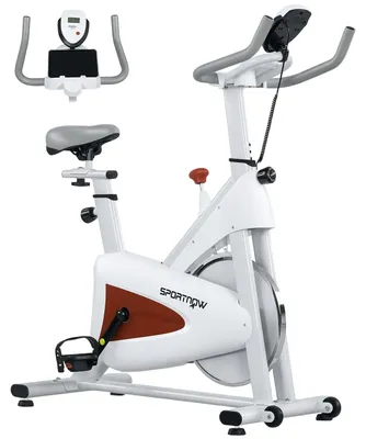 Image de Vélo d'appartement pour domicile - Vélo de fitness avec un fonctionnement silencieux - Selle et résistance réglables - Écran LCD - Support pour tablette - Blanc